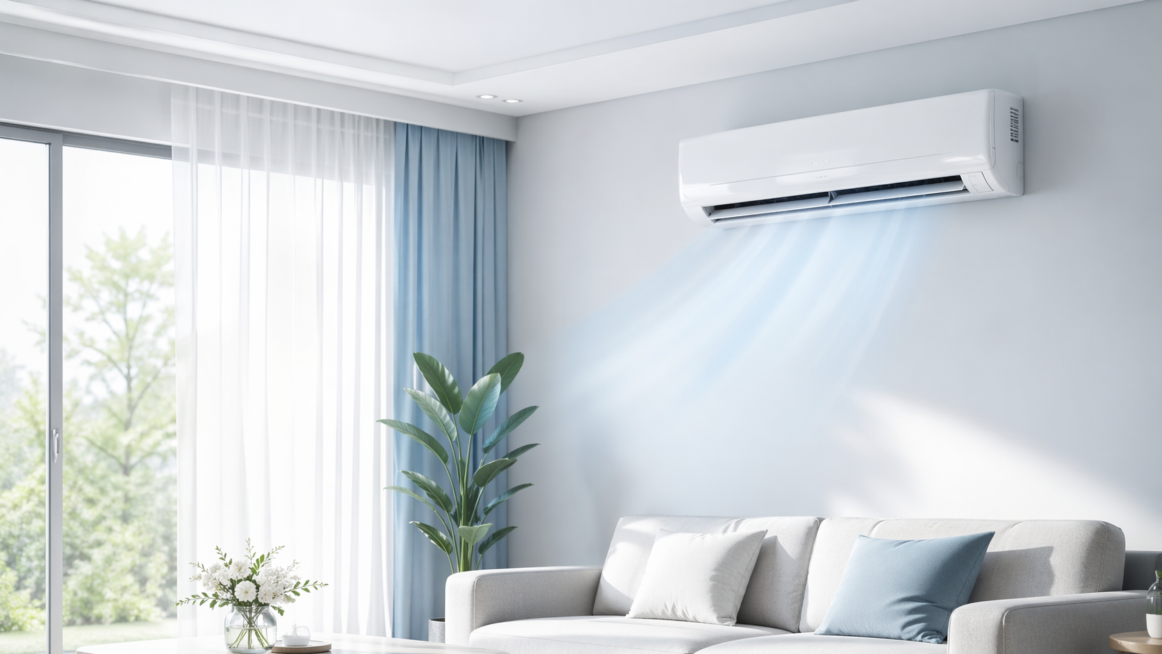 깨끗하게 관리된 에어컨이 있는 밝은 실내